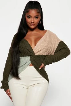 Fashion Nova Pullovers Got It Twisted Double V Sweater - Olive/combo