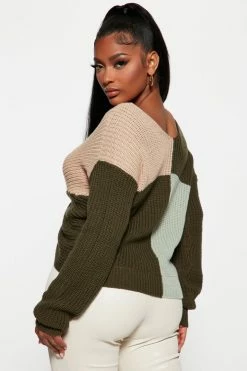 Fashion Nova Pullovers Got It Twisted Double V Sweater - Olive/combo