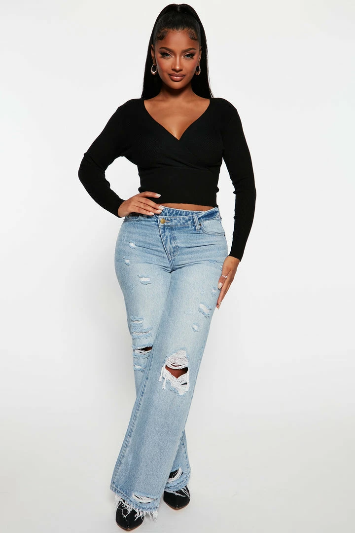 Fashion Nova Pullovers Go On Surplice Sweater - Black
