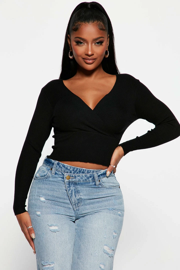 Fashion Nova Pullovers Go On Surplice Sweater - Black