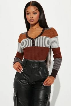 Fashion Nova Pullovers Kyra Henley Ribbed Sweater - Chocolate/Combo