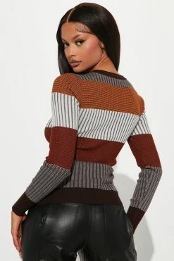 Fashion Nova Pullovers Kyra Henley Ribbed Sweater - Chocolate/Combo