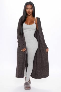 Fashion Nova Foggy Morning Hooded Cardigan - Charcoal Cardigans