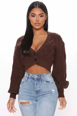 Fashion Nova Cardigans Knit The Floor Cropped Cardigan Sweater - Chocolate