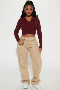 Fashion Nova Pullovers Amber Crop Sweater - Burgundy