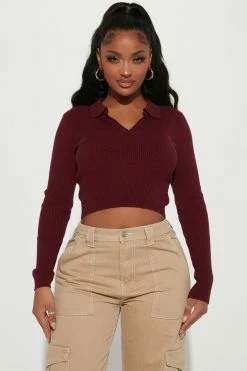 Fashion Nova Pullovers Amber Crop Sweater - Burgundy
