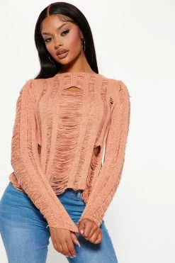 Fashion Nova Courtney Destroyed Sweater - Peach Pullovers