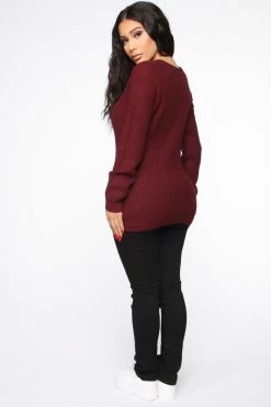 Fashion Nova Ariana Waffle Sweater - Burgundy Pullovers