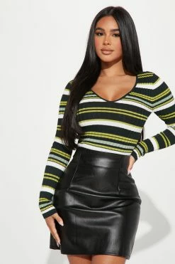 Fashion Nova Kallan Knit Striped Sweater Top - Green/combo Pullovers