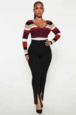 Fashion Nova Pullovers Kallan Knit Striped Sweater Top - Purple/combo