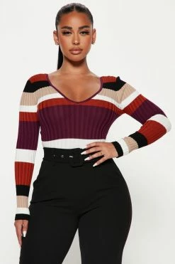 Fashion Nova Pullovers Kallan Knit Striped Sweater Top - Purple/combo