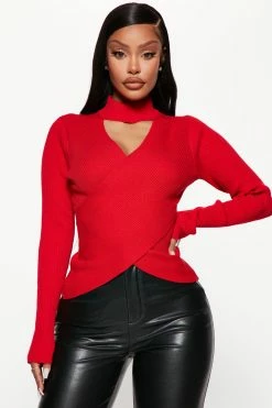 Fashion Nova Pullovers Turning Looks Criss Cross Mock Neck Sweater - Red