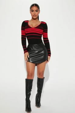 Fashion Nova Kallan Knit Striped Sweater Top - Red/combo Pullovers