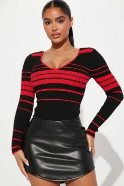 Fashion Nova Kallan Knit Striped Sweater Top - Red/combo Pullovers