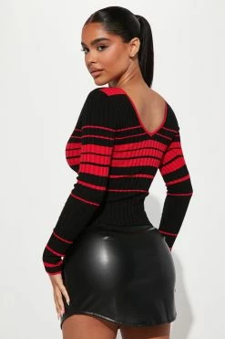Fashion Nova Kallan Knit Striped Sweater Top - Red/combo Pullovers