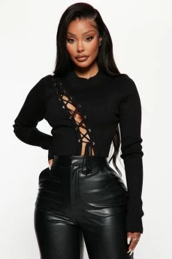Fashion Nova Pullovers Wildcard Lace Up Rib Knit Sweater - Black