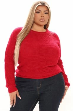 Fashion Nova Pullovers Ariana Waffle Sweater - Red