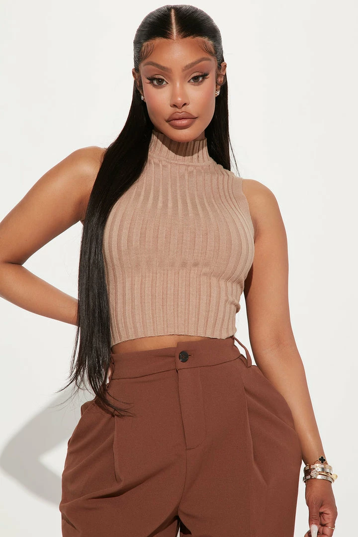 Fashion Nova Debby Ribbed Mock Neck Sweater Tank - Mocha Pullovers