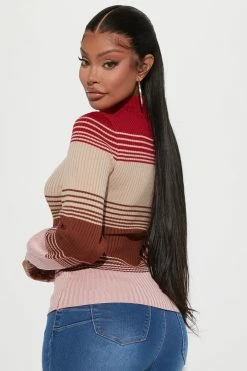 Fashion Nova Pullovers No Wonder Striped Mock Neck Sweater - Fuchsia/combo