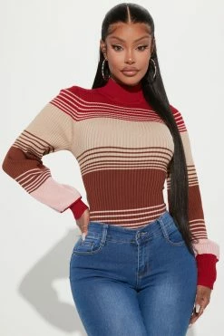 Fashion Nova Pullovers No Wonder Striped Mock Neck Sweater - Fuchsia/combo
