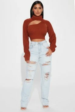 Fashion Nova Pullovers Feel It Out Turtleneck Sweater Set - Cognac