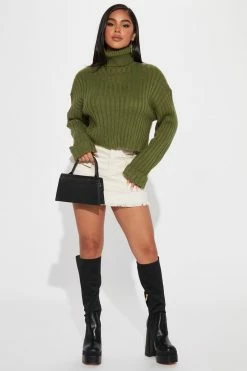Fashion Nova Kitten Soft Rib Turtleneck Sweater - Olive Pullovers