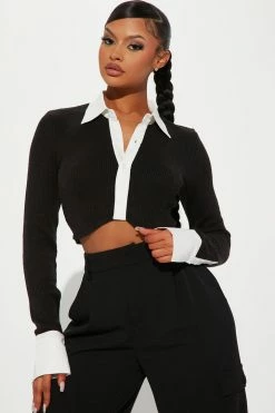 Fashion Nova Orion Poplin Collar Cropped Sweater - Black/White