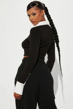 Fashion Nova Orion Poplin Collar Cropped Sweater - Black/White