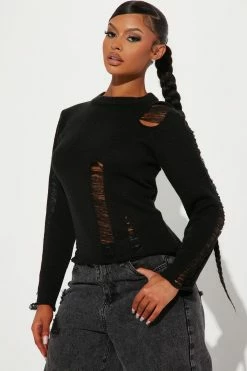 Fashion Nova Night After Night Distressed Sweater - Black Pullovers