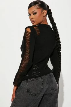 Fashion Nova Night After Night Distressed Sweater - Black Pullovers