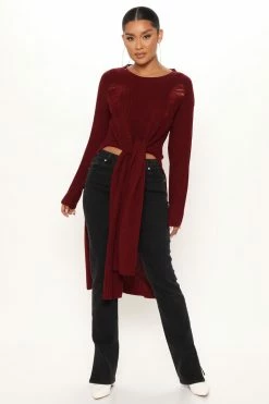 Fashion Nova Pullovers Kara Tie Front Sweater - Burgundy