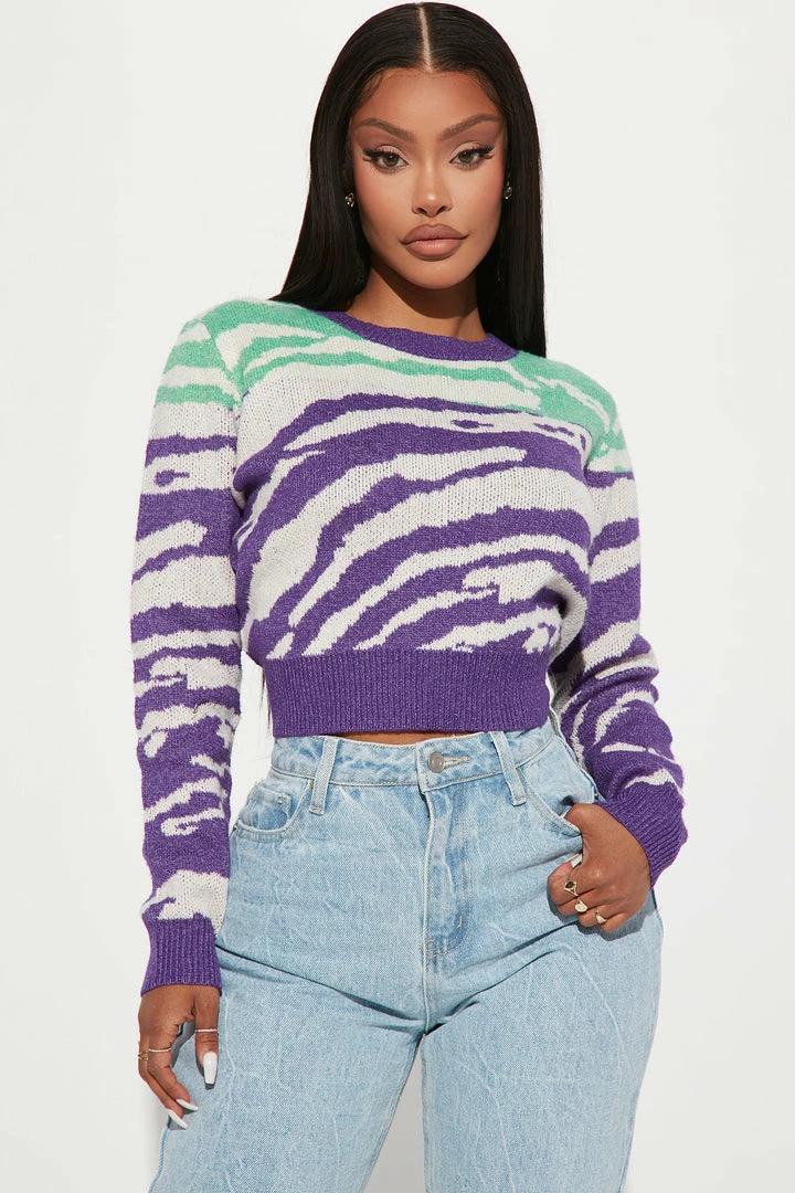 Discount ๐ Fashion Nova Work Of Art Abstract Striped Sweater - Purple/combo ๐ 2 Fashion Nova Work Of Art Abstract Striped Sweater - Purple/combo