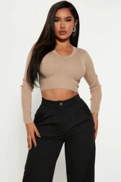 Fashion Nova Sheila Ribbed Crop Sweater - Khaki