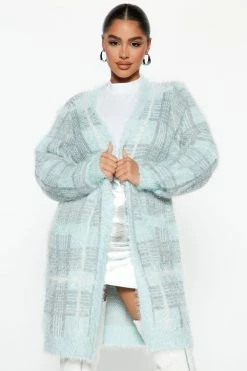 Fashion Nova After Class Fuzzy Plaid Cardigan - Blue/combo Cardigans