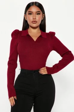 Fashion Nova Central Park Puff Sleeve Sweater - Wine Pullovers