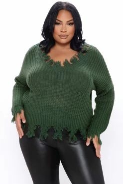 Fashion Nova Always Distressing Me Out Sweater - Green