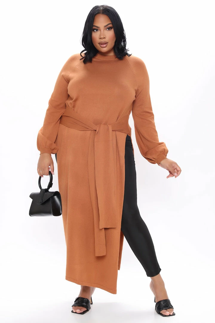 Fashion Nova Slit Just Got Real Tunic Sweater - Cognac