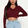 Fashion Nova Sheila Ribbed Crop Sweater - Burgundy Pullovers
