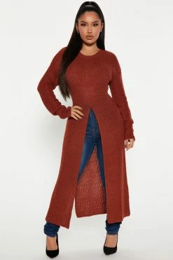 Fashion Nova Dream Girl Tunic Sweater - Brown/combo Pullovers