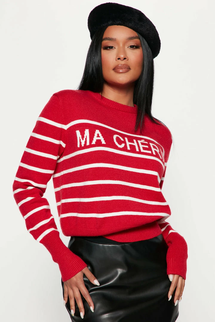 Brand new ✔️ Fashion Nova Pullovers Ma Cherie Striped Sweater - Red ✨ 1 Fashion Nova Pullovers Ma Cherie Striped Sweater - Red