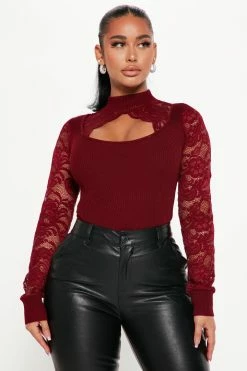 Fashion Nova Love And Lace Mock Neck Sweater - Burgundy Pullovers