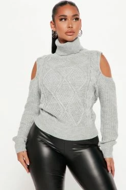 Fashion Nova Pullovers Truth Or Bare Cold Shoulder Turtleneck Sweater - Grey