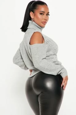 Fashion Nova Pullovers Truth Or Bare Cold Shoulder Turtleneck Sweater - Grey