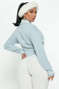 Fashion Nova Open Book Knit Bomber - Light Blue