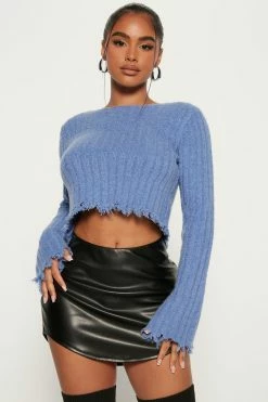 Fashion Nova Pullovers Fool For You Distressed Sweater Top - Periwinkle