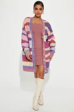 Fashion Nova Sunbeam Abstract Striped Cardigan - Purple/combo Cardigans