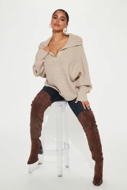 Fashion Nova Pullovers Cozy Rib Knit Collar Sweater - Oatmeal