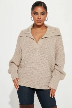 Fashion Nova Pullovers Cozy Rib Knit Collar Sweater - Oatmeal