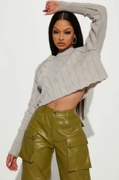 Fashion Nova Leave Me To It Cable Knit Sweater - Heather Grey
