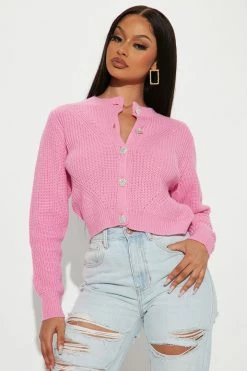 Fashion Nova Shine Bright Jewel Button Cardigan - Pink Cardigans